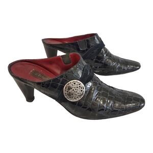 BRIGHTON Black Leather Slip On Mules Size 8.5 Embellished Animal Skin Suede Trim